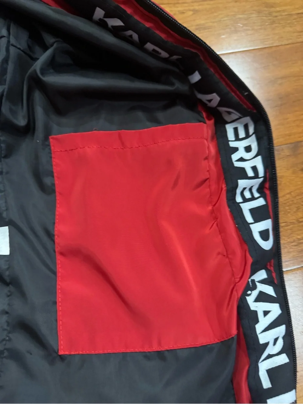 Karl Lagerfeld Red Hooded Puffer Jacket with Icon Patch- size s